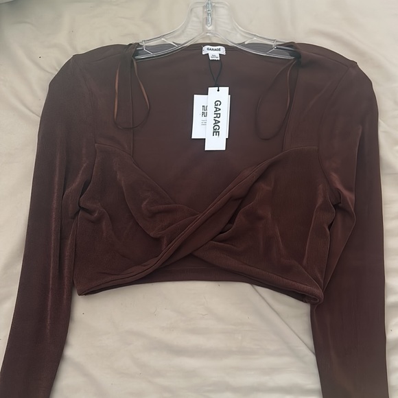 NEW Brown Garage going out crop top silky stretchy material crossover front - Picture 2 of 2